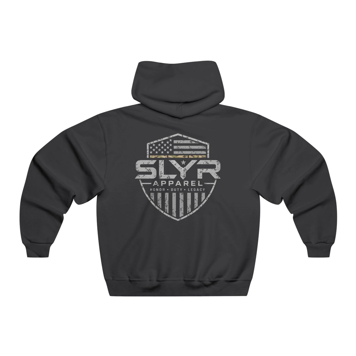 SLYR Apparel Military Shield Graphic Hoodie with distressed military-inspired shield graphics