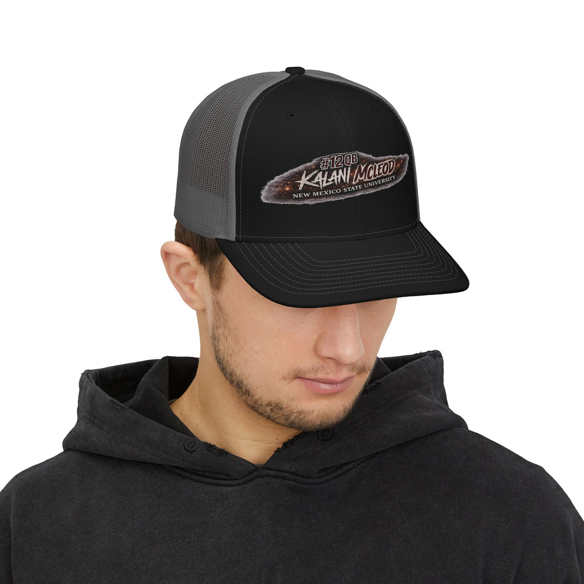 Kalani McLeod #12 New Mexico State trucker hat by SLYR Apparel - product view 3