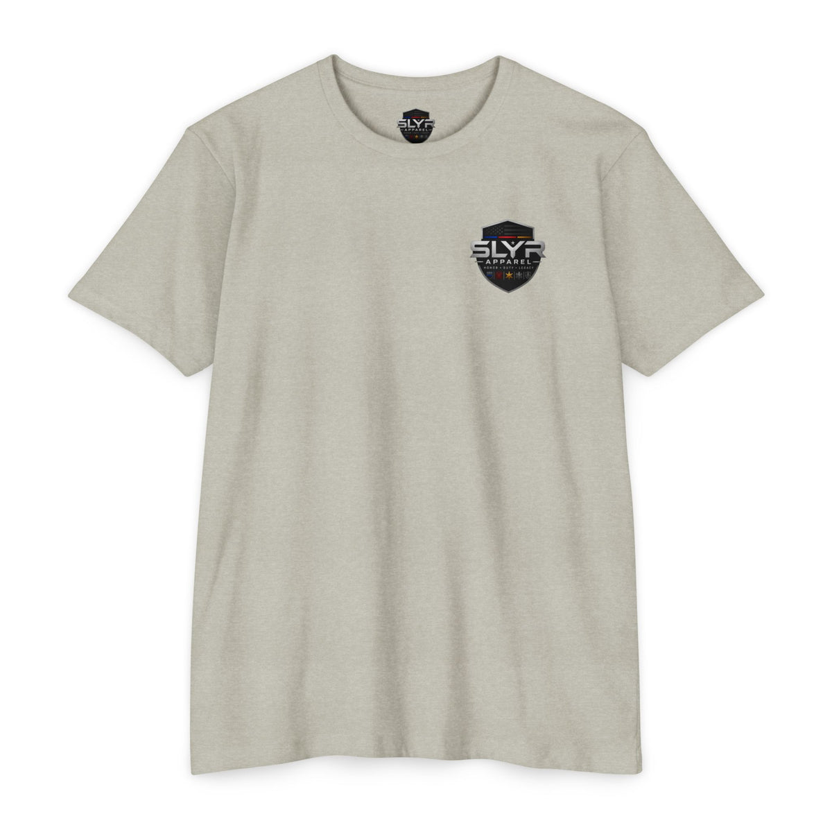 SLYR Apparel Shield T-shirt with distressed American flag and logo graphics