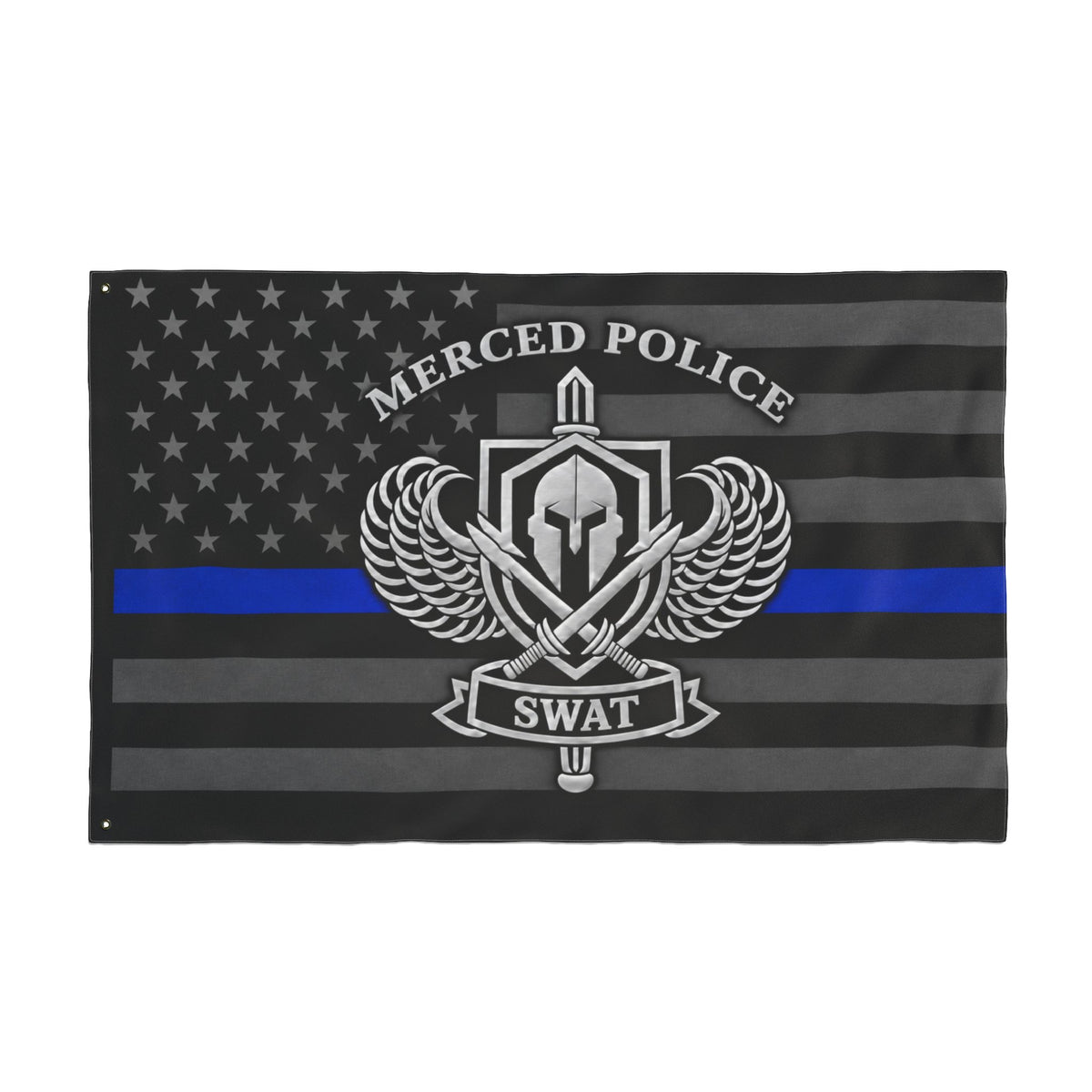 Merced Police SWAT silver thin blue line double-sided memorial flag