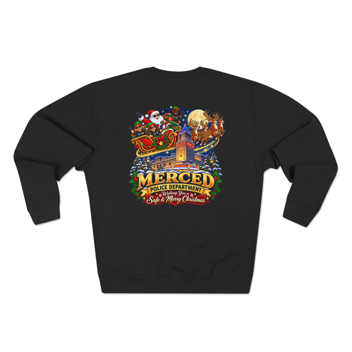 Merced Christmas Light Parade black crewneck sweatshirt, holiday graphic product image