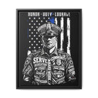SLYR Apparel Honor Duty Loyalty patriotic framed canvas wall art - product view 4 with American flag service tribute