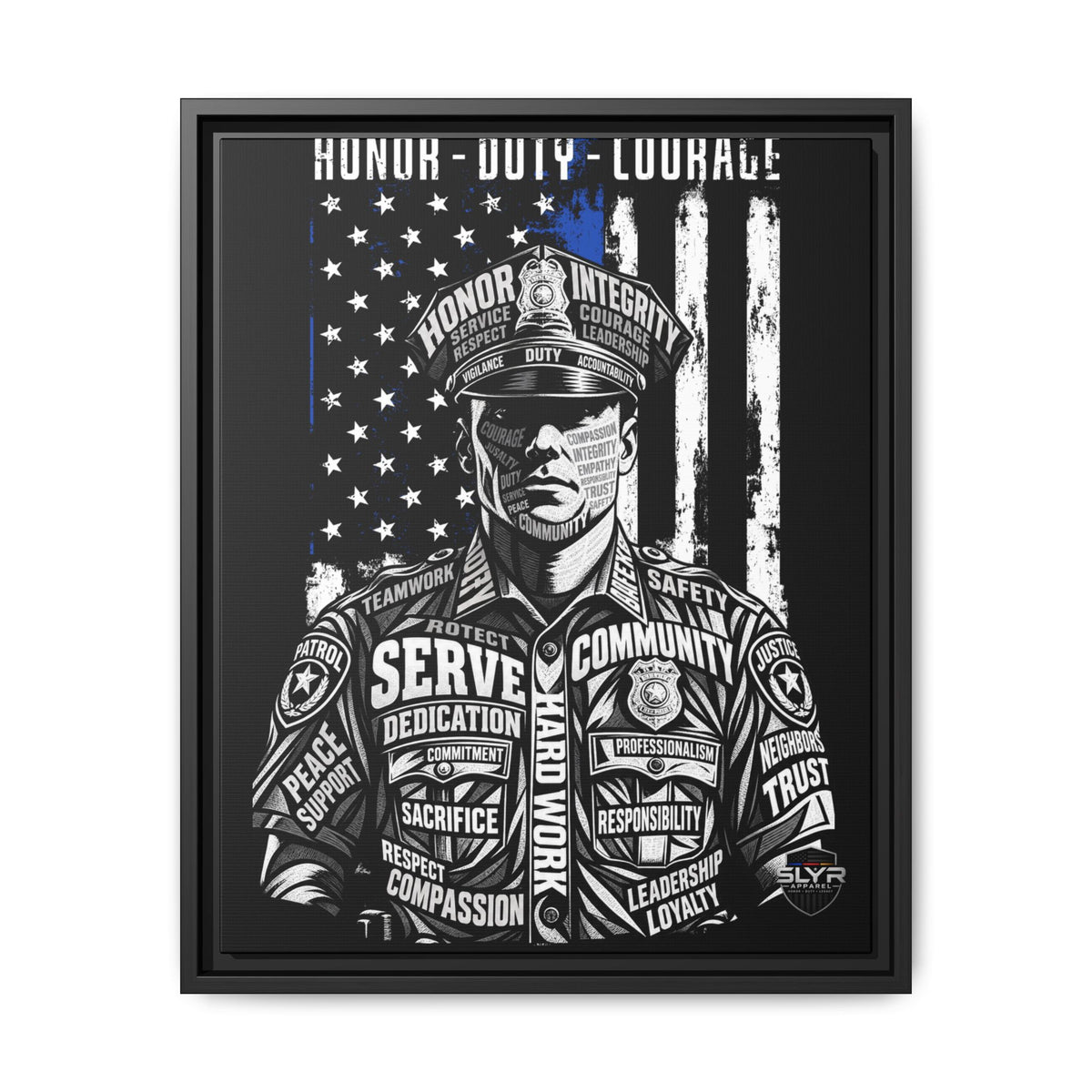 SLYR Apparel Honor Duty Loyalty patriotic framed canvas wall art - product view 4 with American flag service tribute