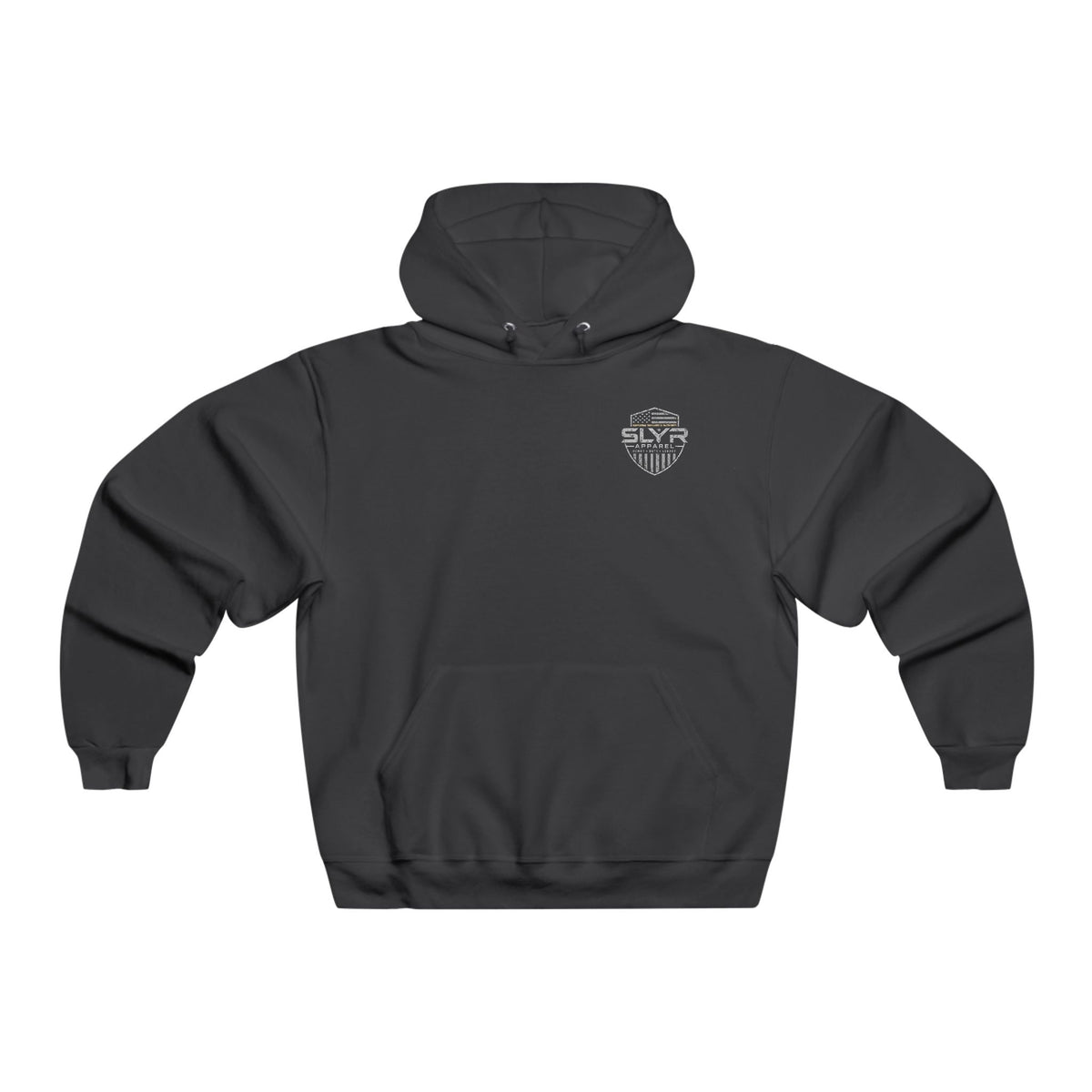 SLYR Apparel Military Shield Graphic Hoodie with distressed military-inspired shield graphics