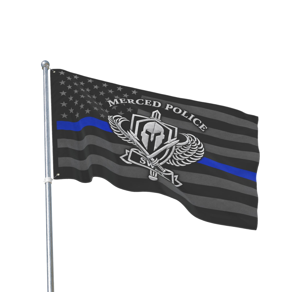 Merced Police SWAT silver thin blue line polyester flag for memorial display