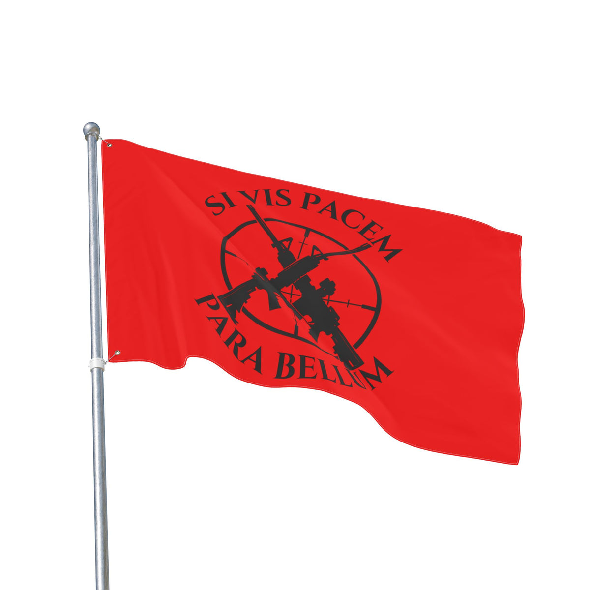 Red and black Si Vis Pacem Para Bellum range team flag with target artwork
