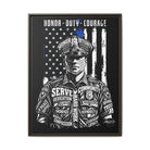 SLYR Apparel Honor Duty Loyalty patriotic framed canvas wall art - product view 6 with American flag service tribute