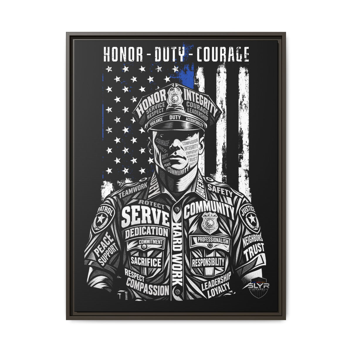 SLYR Apparel Honor Duty Loyalty patriotic framed canvas wall art - product view 6 with American flag service tribute