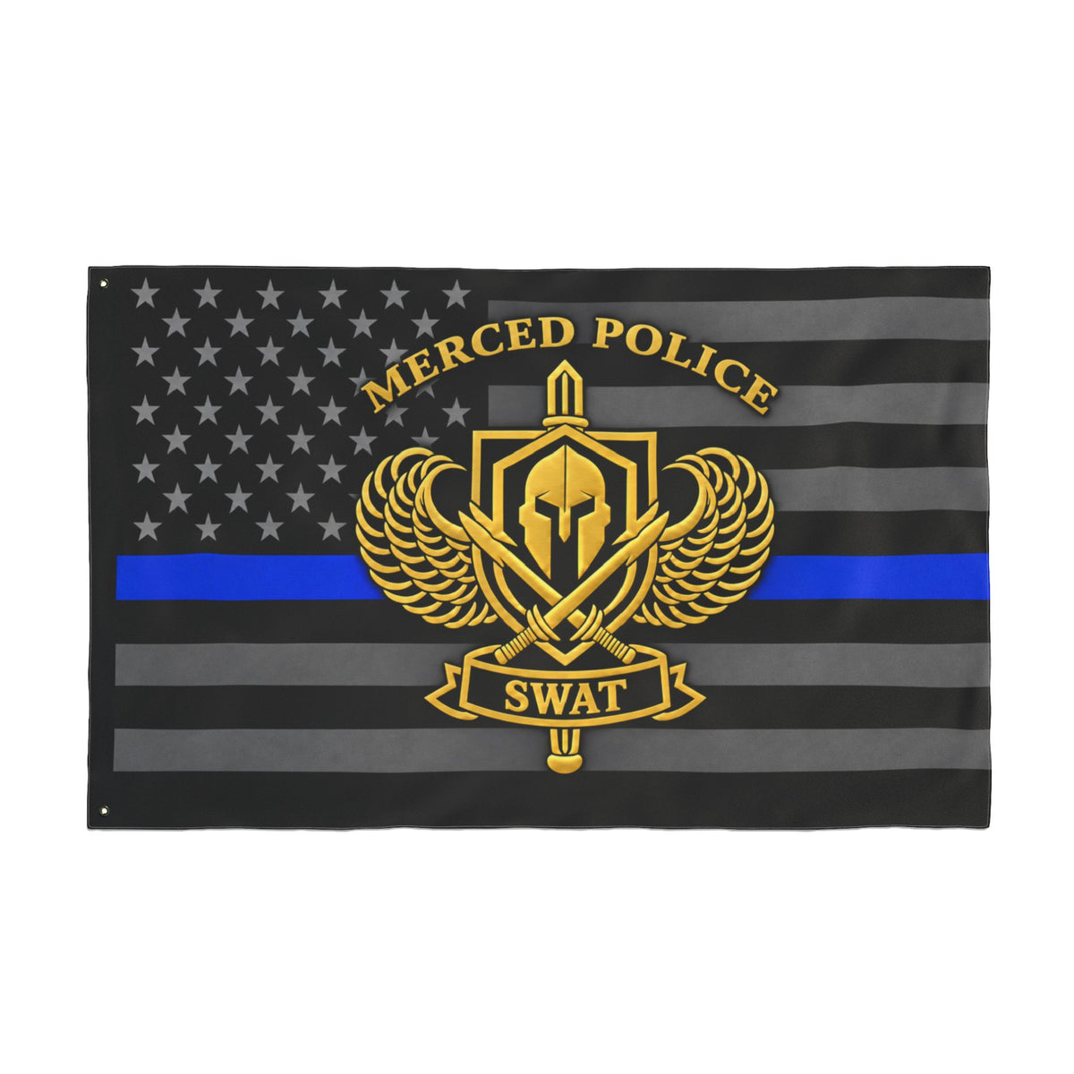 Merced Police SWAT gold thin blue line double-sided memorial flag