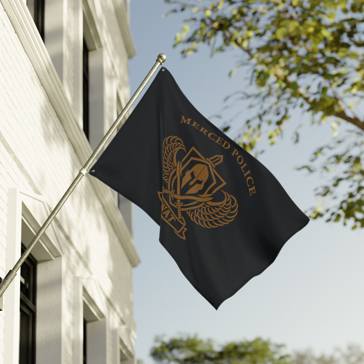 Double-sided Merced Police SWAT black flag with gold team artwork