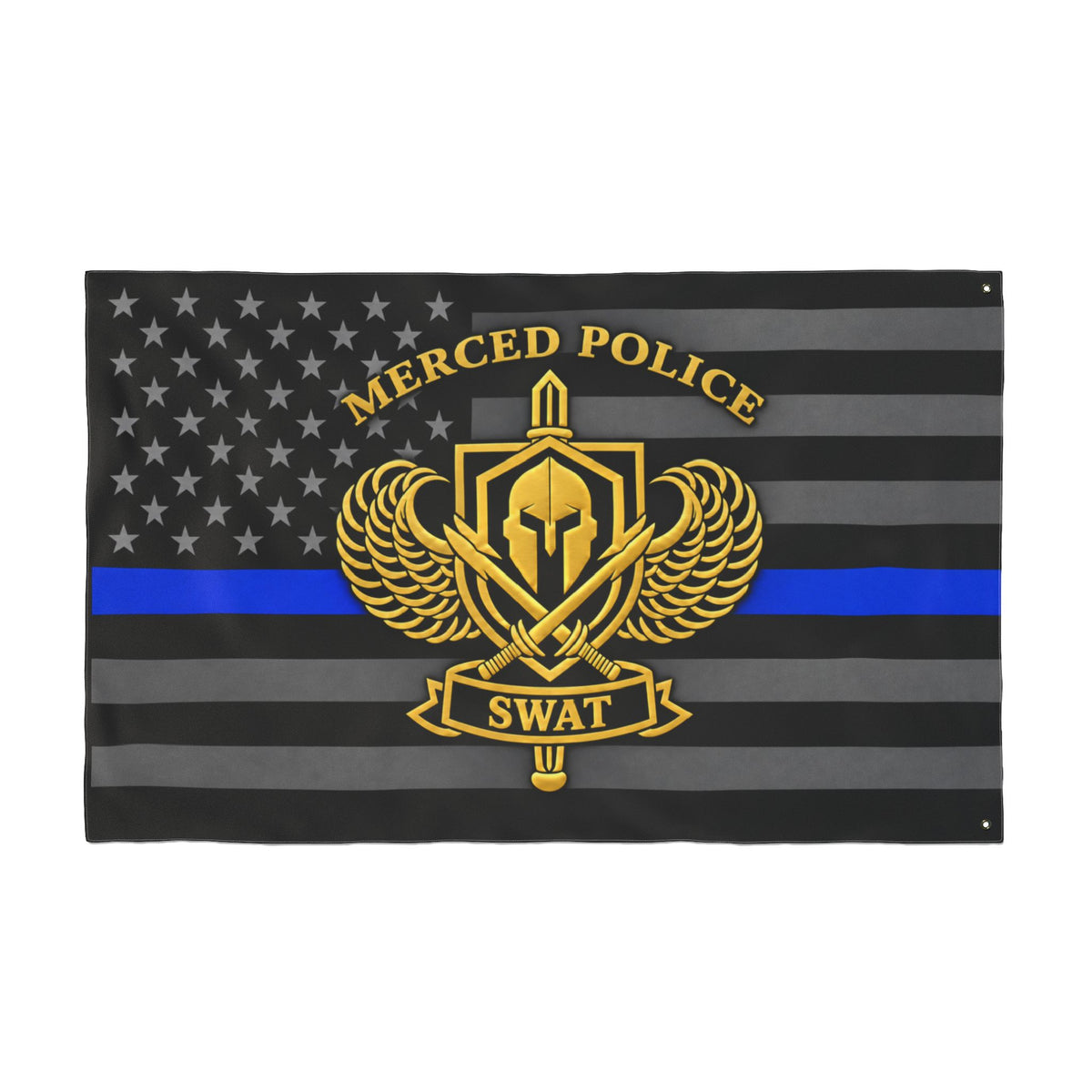 Gold Merced Police SWAT emblem flag with subdued American flag and thin blue line