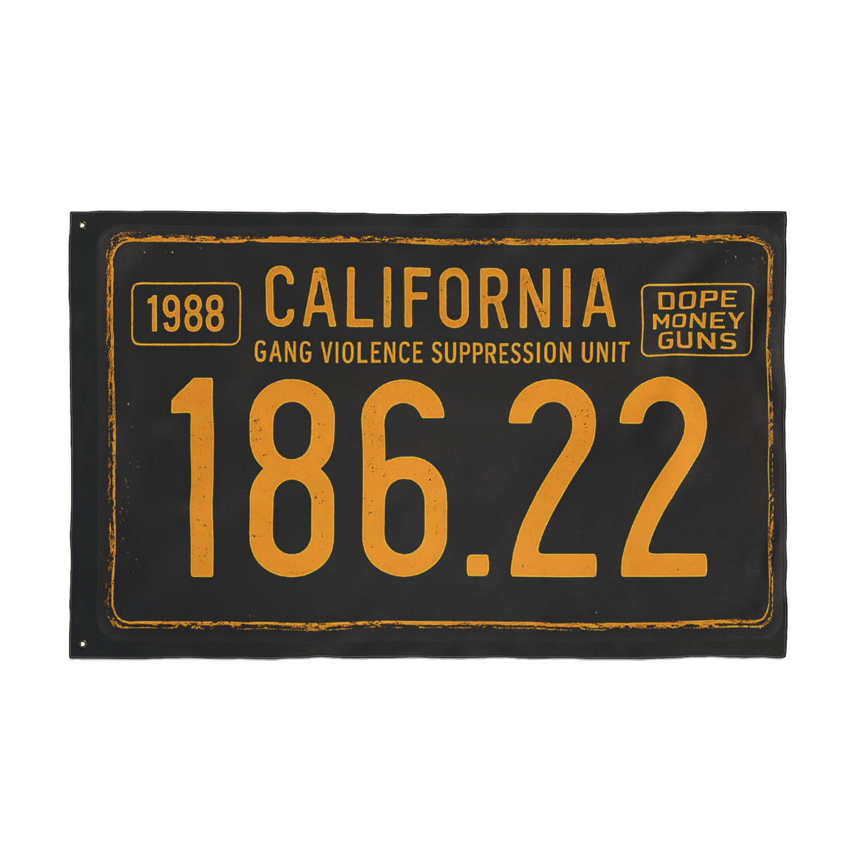 California 186.22 vintage license plate double-sided flag in black and aged gold