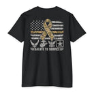 SLYR Apparel Salute to Service American Flag T-Shirt with distressed American flag and military service tribute artwork