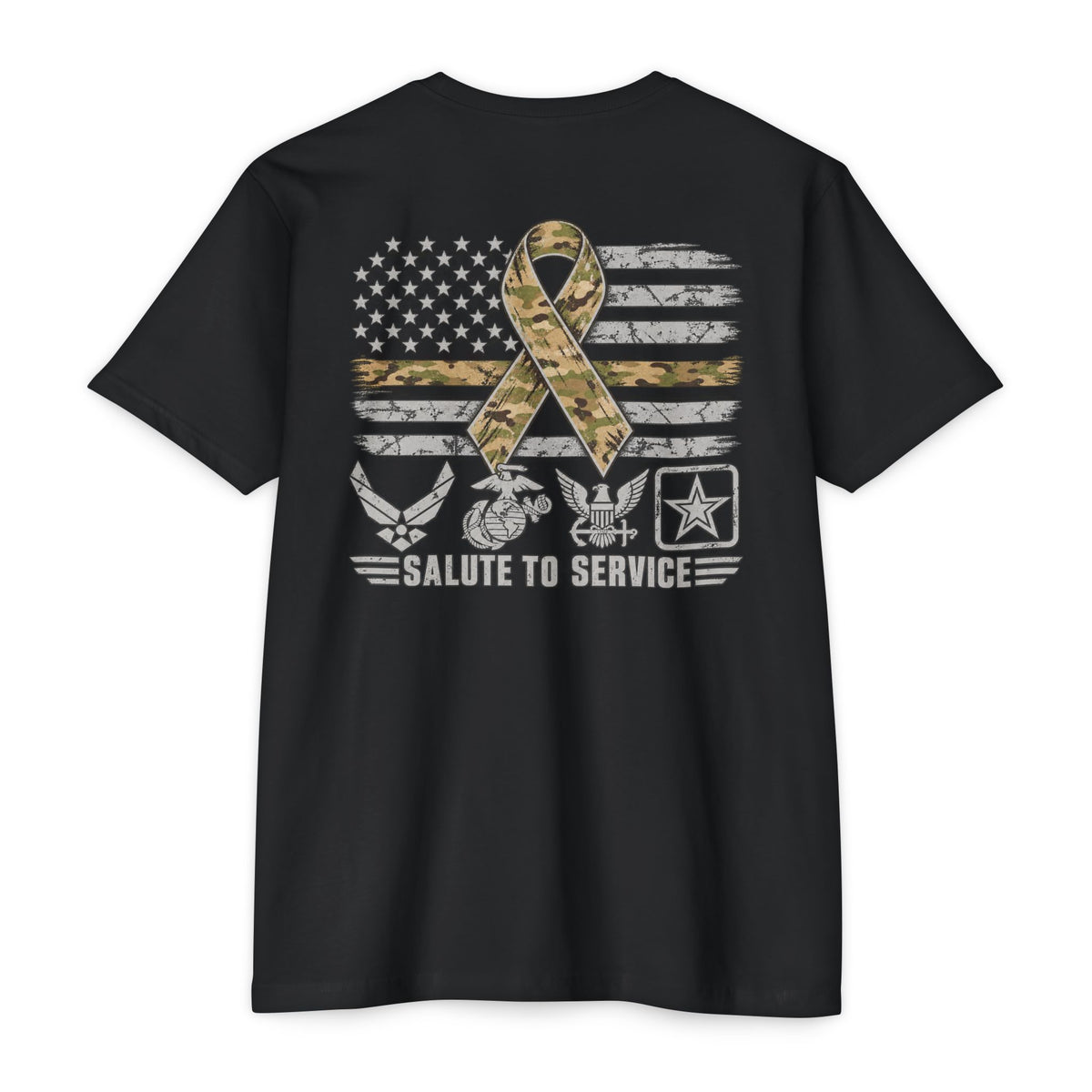 SLYR Apparel Salute to Service American Flag T-Shirt with distressed American flag and military service tribute artwork