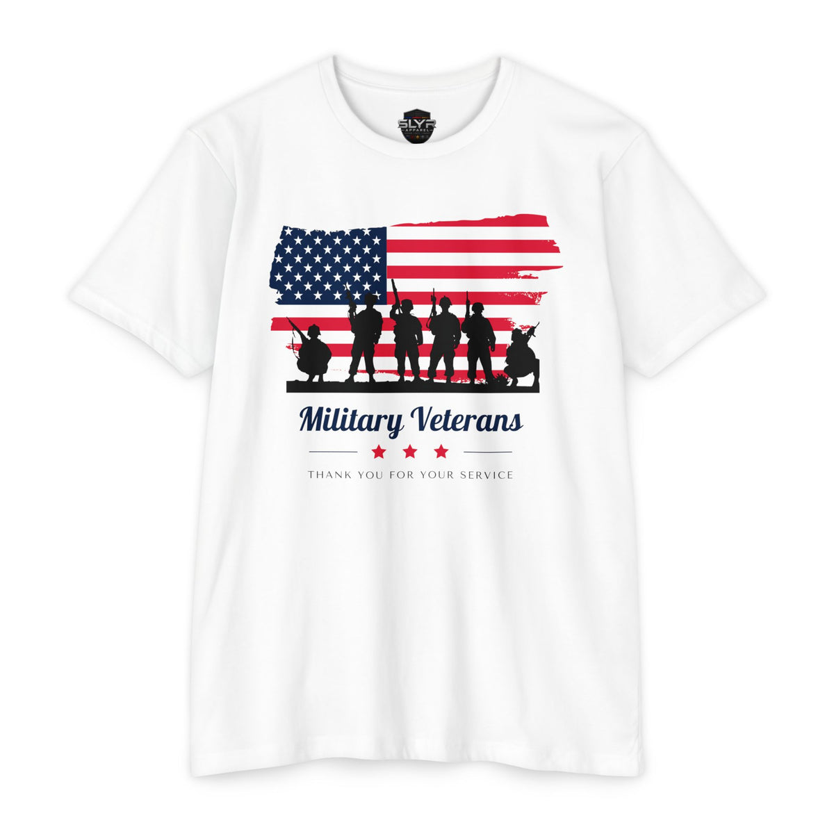 SLYR Apparel Military Veterans American flag tribute T-shirt - product mockup 5 with Thank You for Your Service design