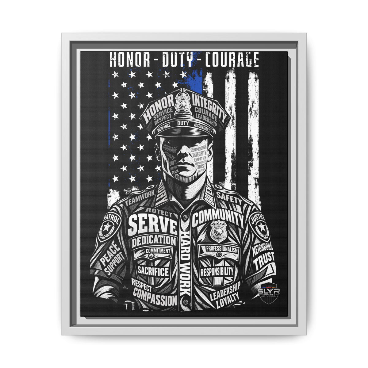 SLYR Apparel Honor Duty Loyalty patriotic framed canvas wall art - product view 9 with American flag service tribute
