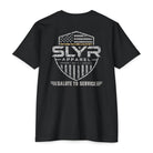 SLYR Apparel Salute to Service Honor Duty Legacy T-Shirt with military-inspired shield and Honor Duty Legacy tribute graphics