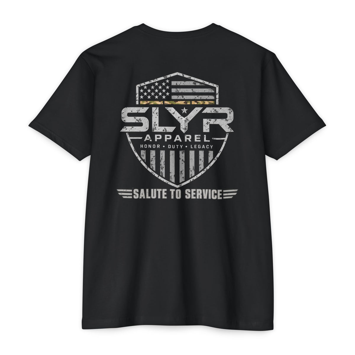 SLYR Apparel Salute to Service Honor Duty Legacy T-Shirt with military-inspired shield and Honor Duty Legacy tribute graphics