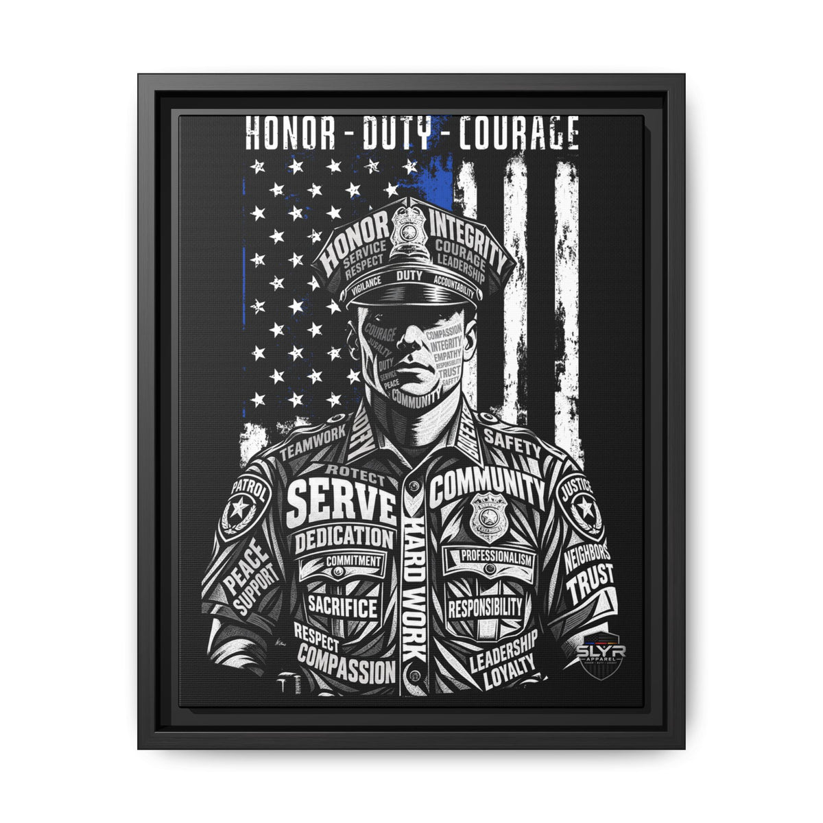 SLYR Apparel Honor Duty Loyalty patriotic framed canvas wall art - product view 12 with American flag service tribute
