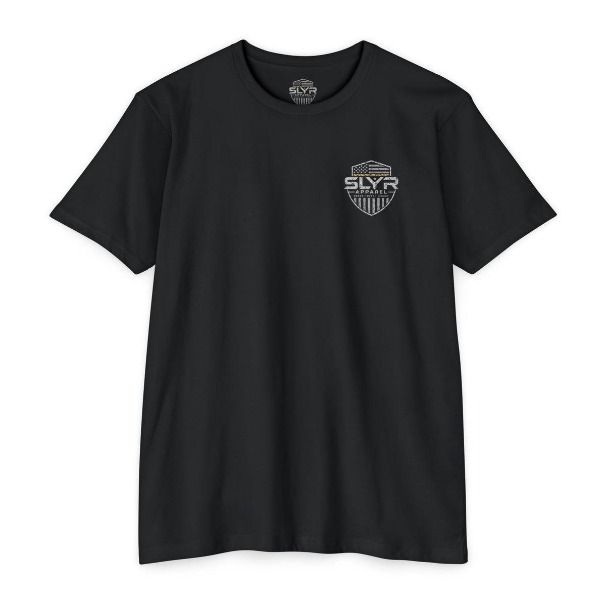 SLYR Apparel Salute to Service Honor Duty Legacy T-Shirt with military-inspired shield and Honor Duty Legacy tribute graphics