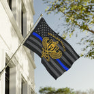 Double-sided Merced Police SWAT flag with gold emblem and thin blue line artwork