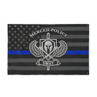 Silver Merced Police SWAT emblem flag with subdued American flag and thin blue line