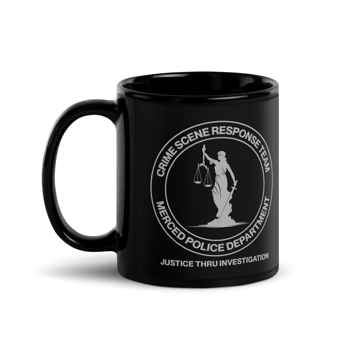 CSRT black ceramic coffee mug by SLYR Apparel — handle left view