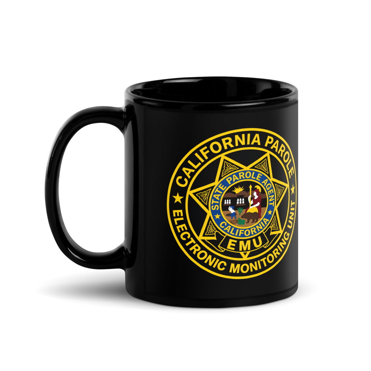 CDC Parole EMU black glossy ceramic coffee mug 11 oz – left-handle view – SLYR Apparel