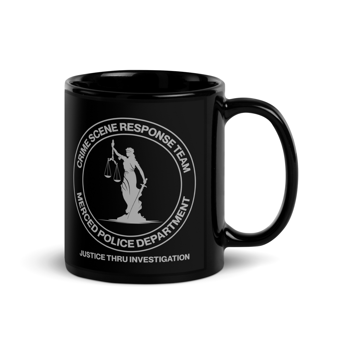 CSRT black ceramic coffee mug by SLYR Apparel — handle right view