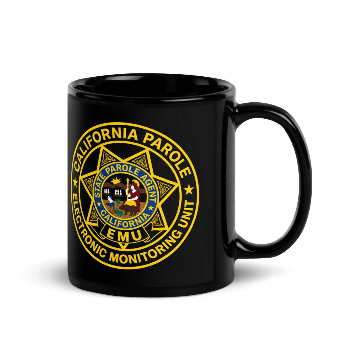 CDC Parole EMU black glossy ceramic coffee mug 11 oz – right-handle view – SLYR Apparel