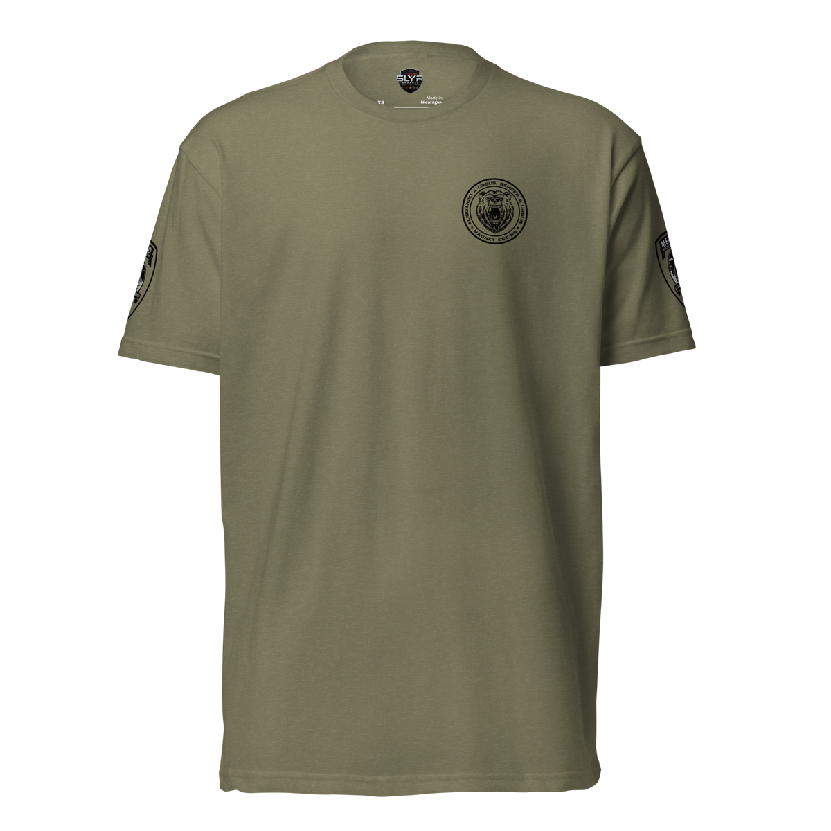 Front view of military green SLYR Apparel MAGNET Task Force Police Raid T-Shirt
