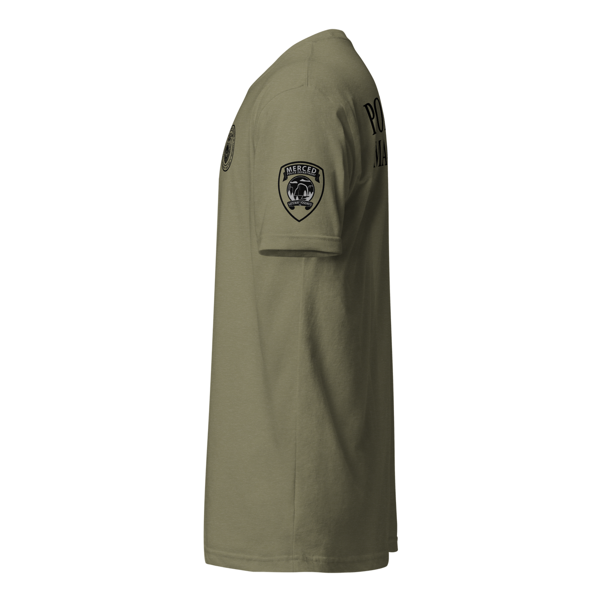 Left-side view of military green SLYR Apparel MAGNET Task Force Police Raid T-Shirt