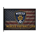 SLYR Apparel Merced Football Club double-sided flag with American flag soccer emblem