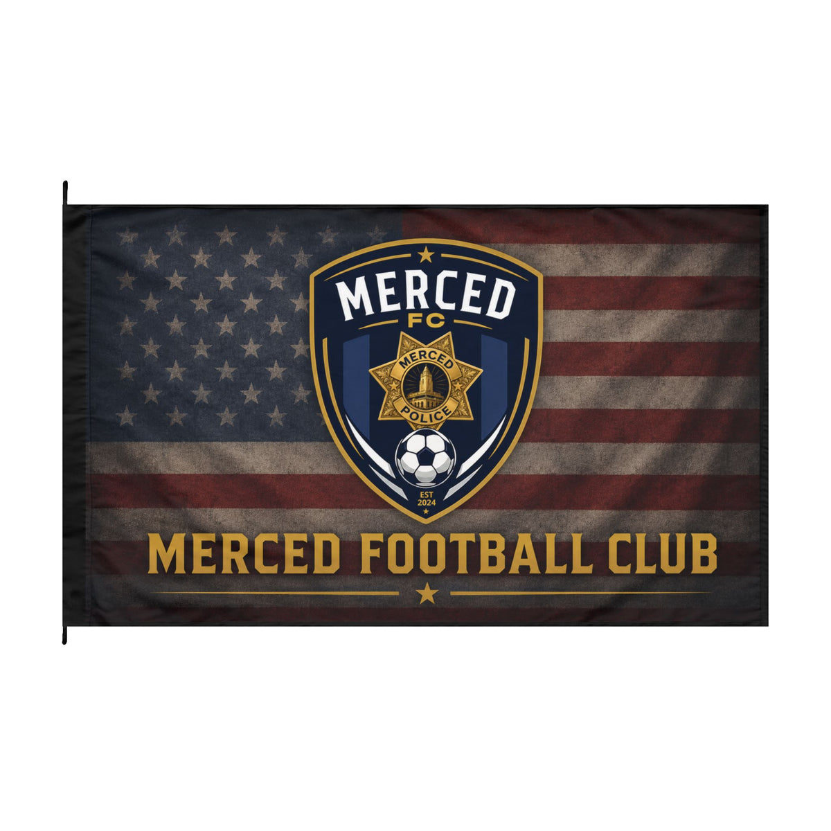 SLYR Apparel Merced Football Club double-sided flag with American flag soccer emblem