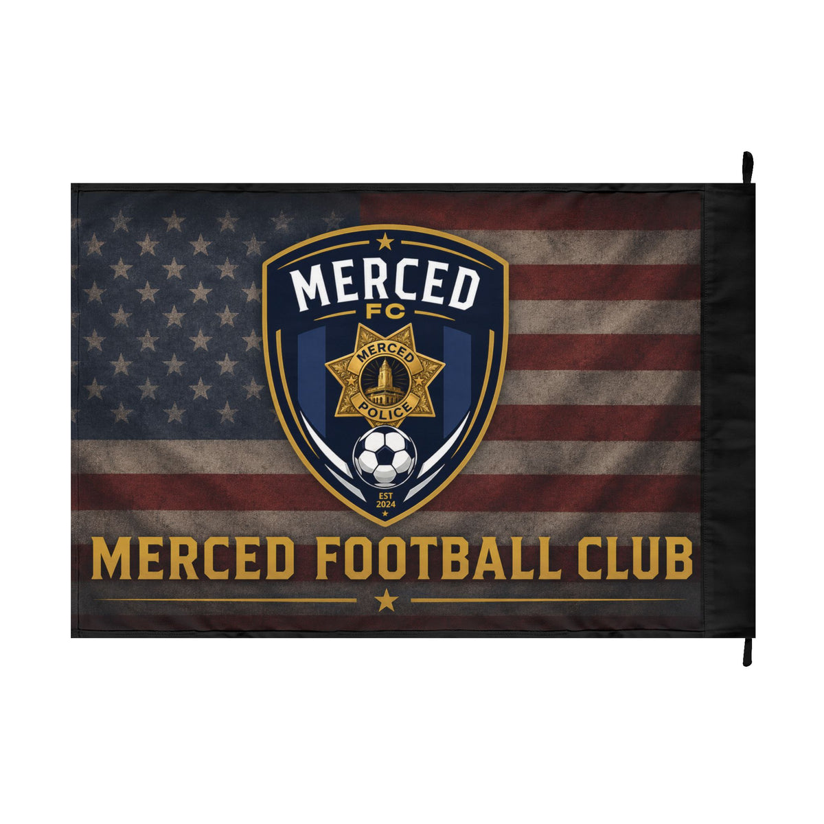 SLYR Apparel Merced Football Club double-sided flag with American flag soccer emblem