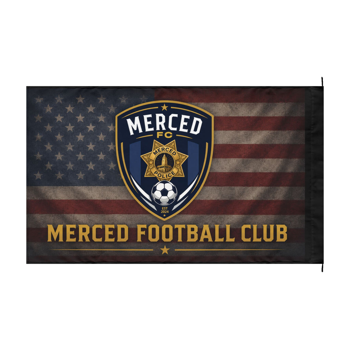 SLYR Apparel Merced Football Club double-sided flag with American flag soccer emblem