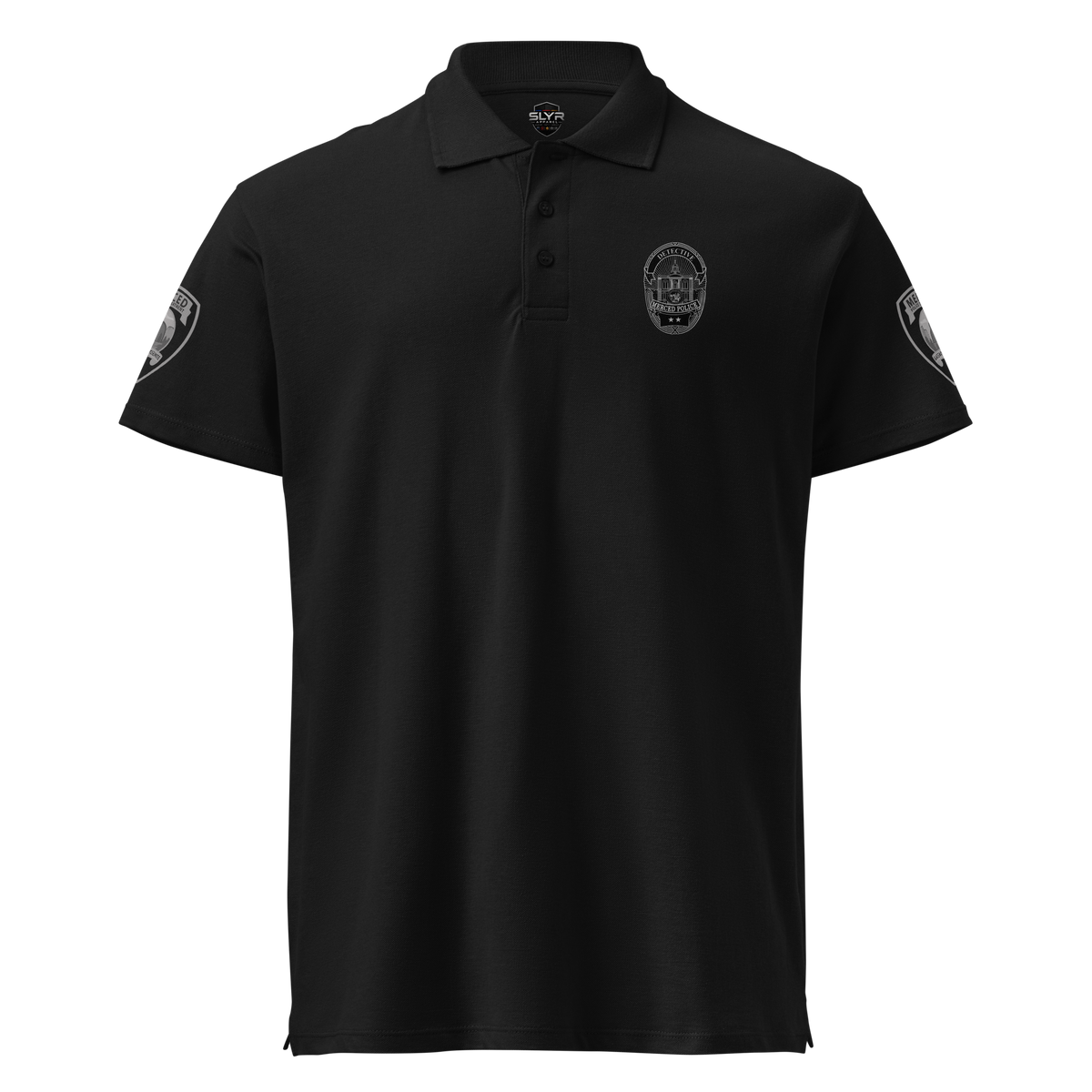 Front view of SLYR Apparel Merced PD Detective Polo Shirt