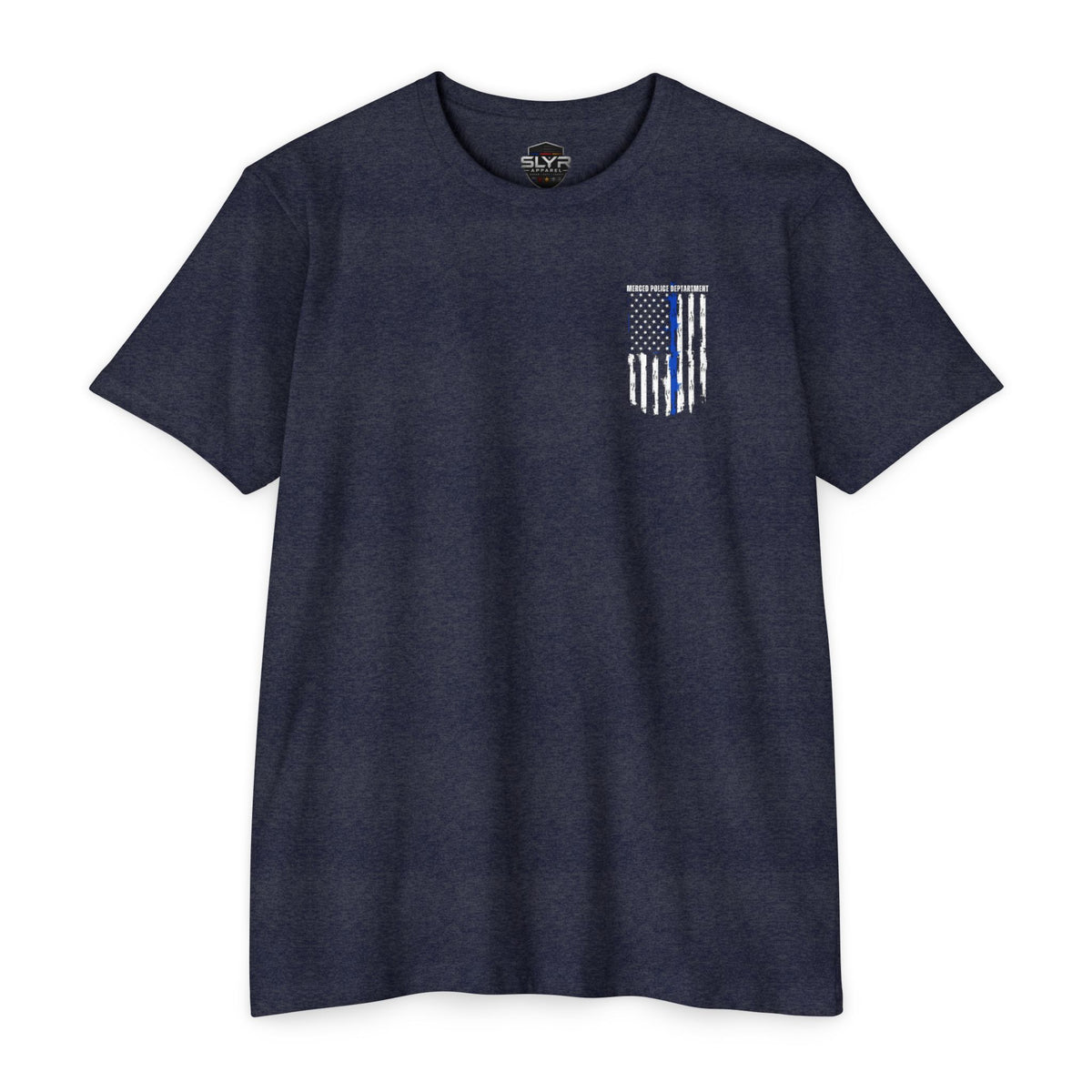 SLYR Apparel Merced Police Support Tee with thin blue line American flag