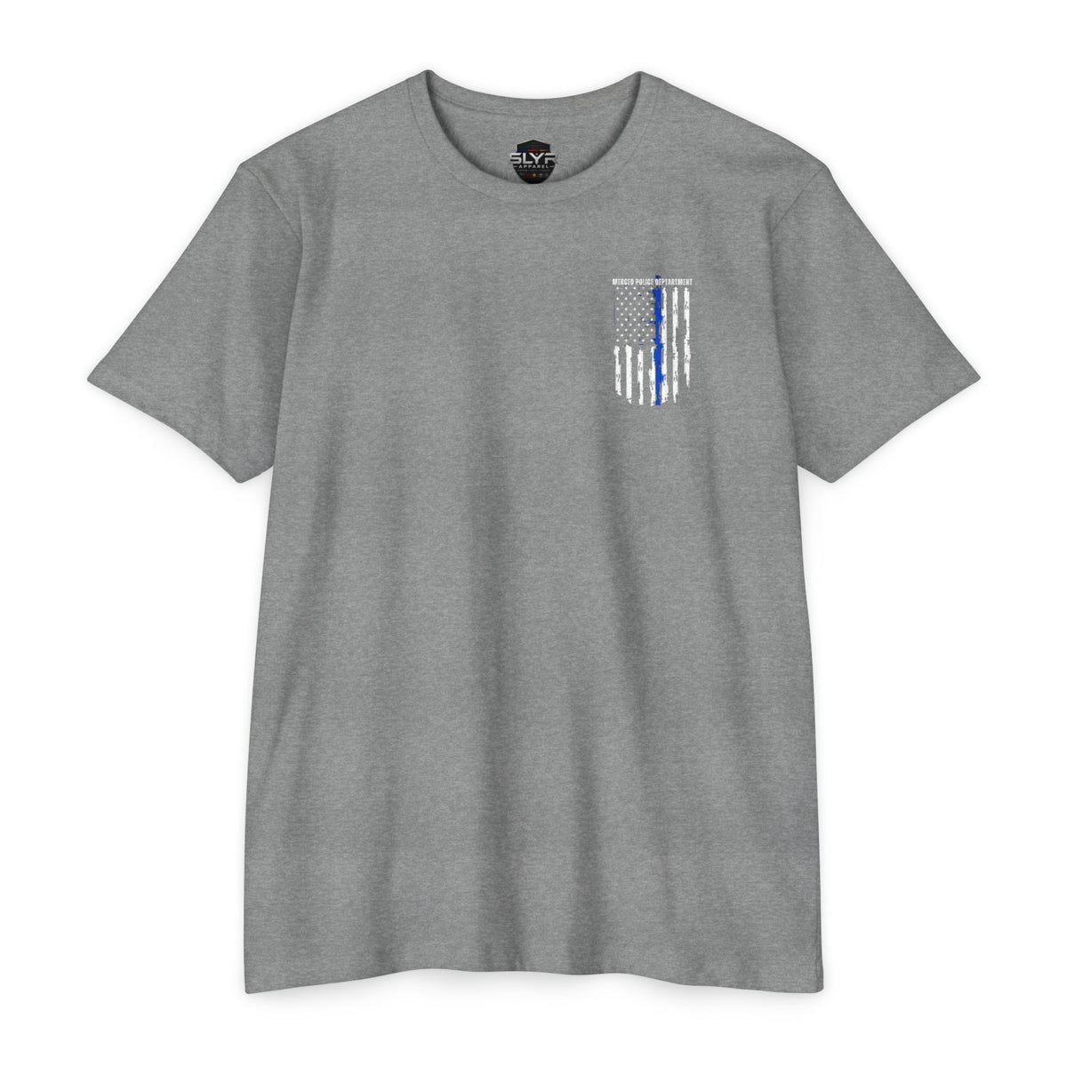 SLYR Apparel Merced Police Support Tee with thin blue line American flag