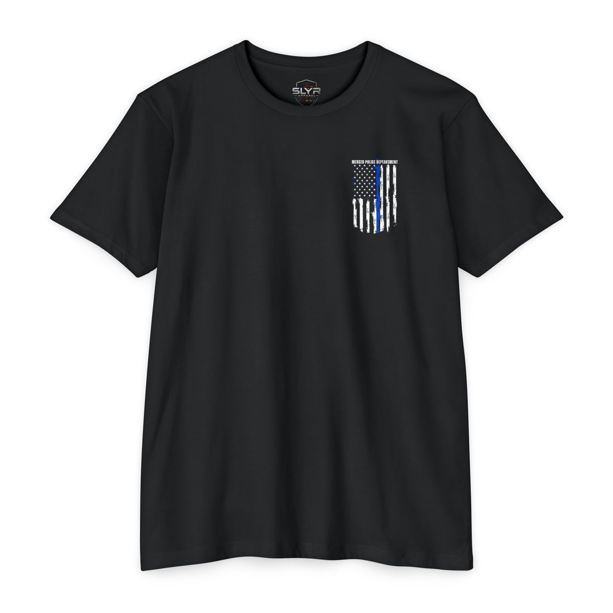 SLYR Apparel Merced Police Support Tee with thin blue line American flag