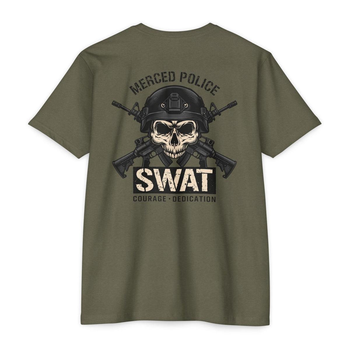 SLYR Apparel Merced Police SWAT Courage and Dedication Next Level 6210 T-Shirt