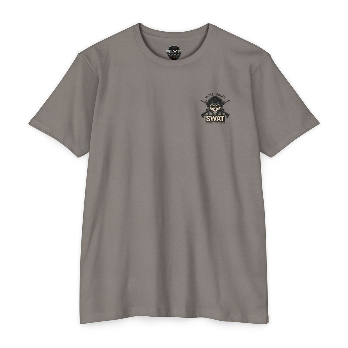 SLYR Apparel Merced Police SWAT Courage and Dedication Next Level 6210 T-Shirt