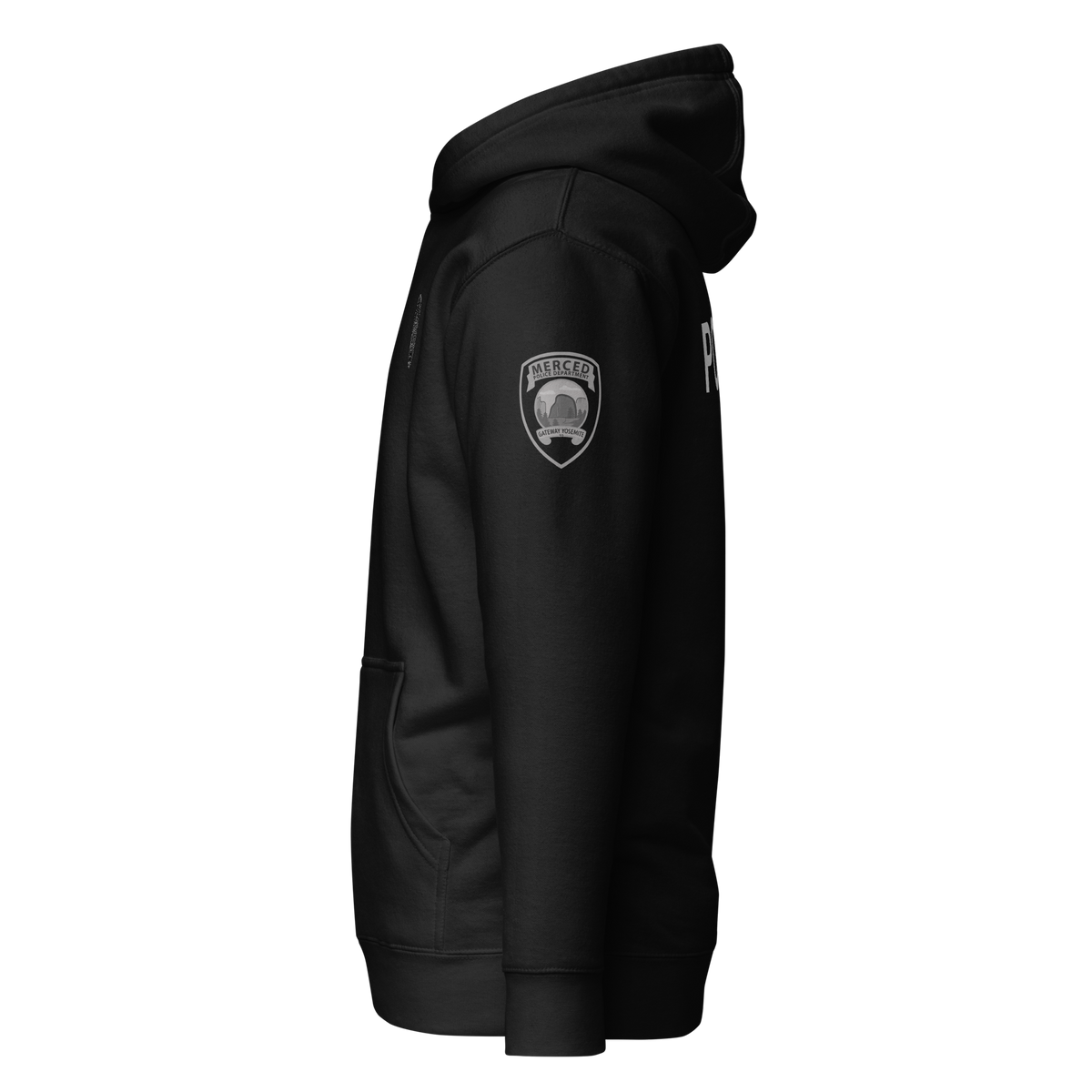 Left-side view of SLYR Apparel MPD CSO Explorer Advisor pullover hoodie in black