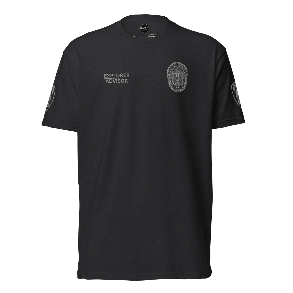 Front view of SLYR Apparel MPD CSO Explorer Advisor T-Shirt in black