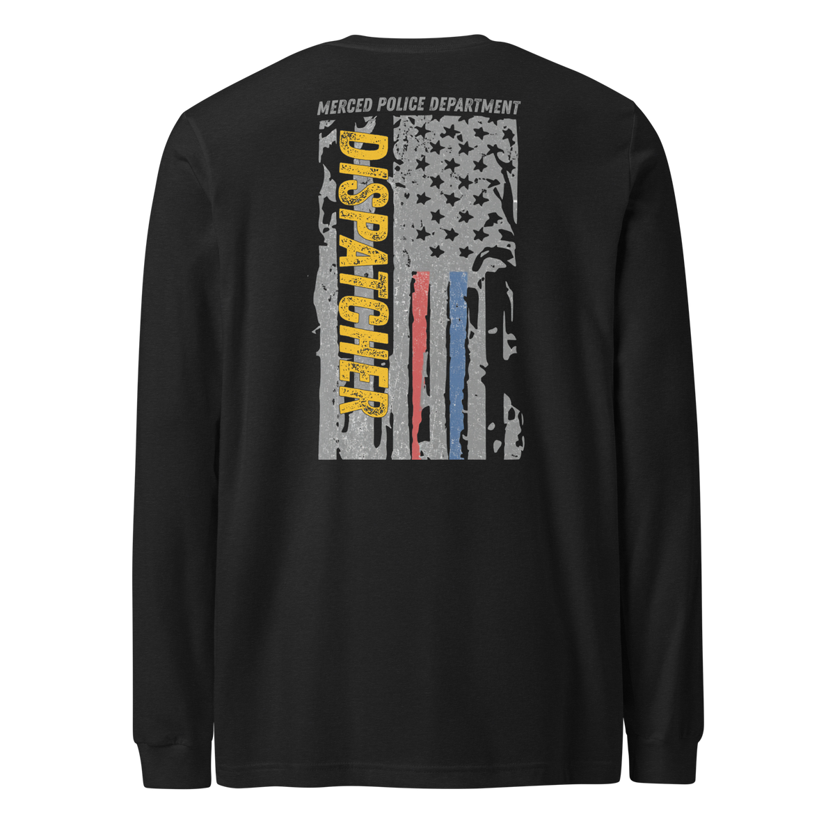 Back view of SLYR Apparel MPD Dispatcher red blue yellow long sleeve shirt in black heather
