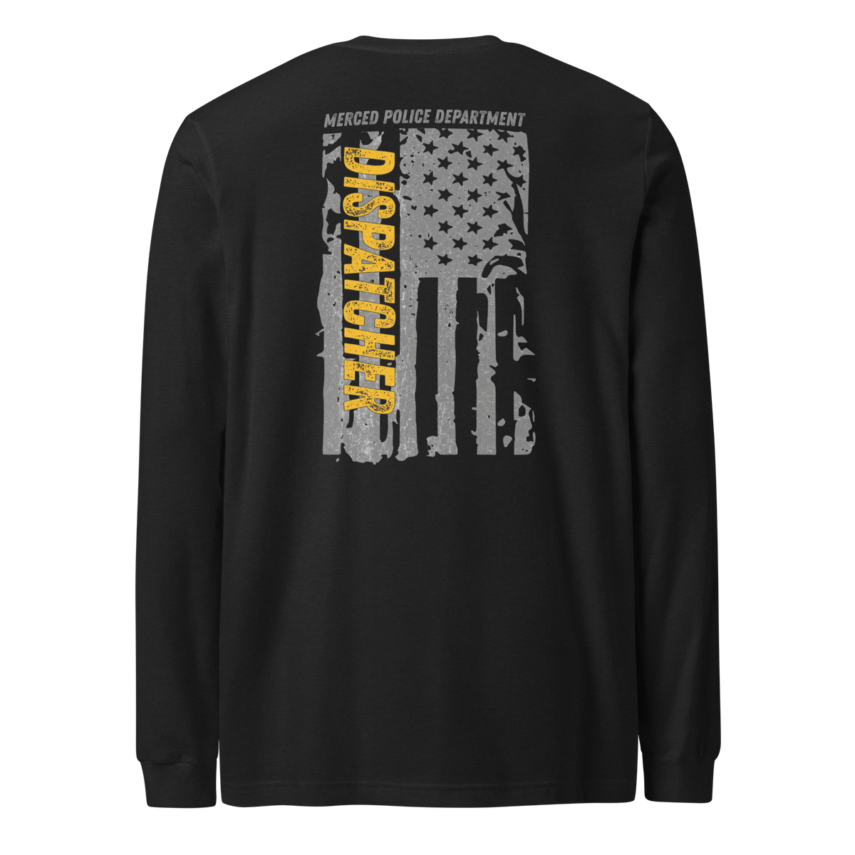 Back view of SLYR Apparel MPD Dispatcher yellow long sleeve shirt in black heather