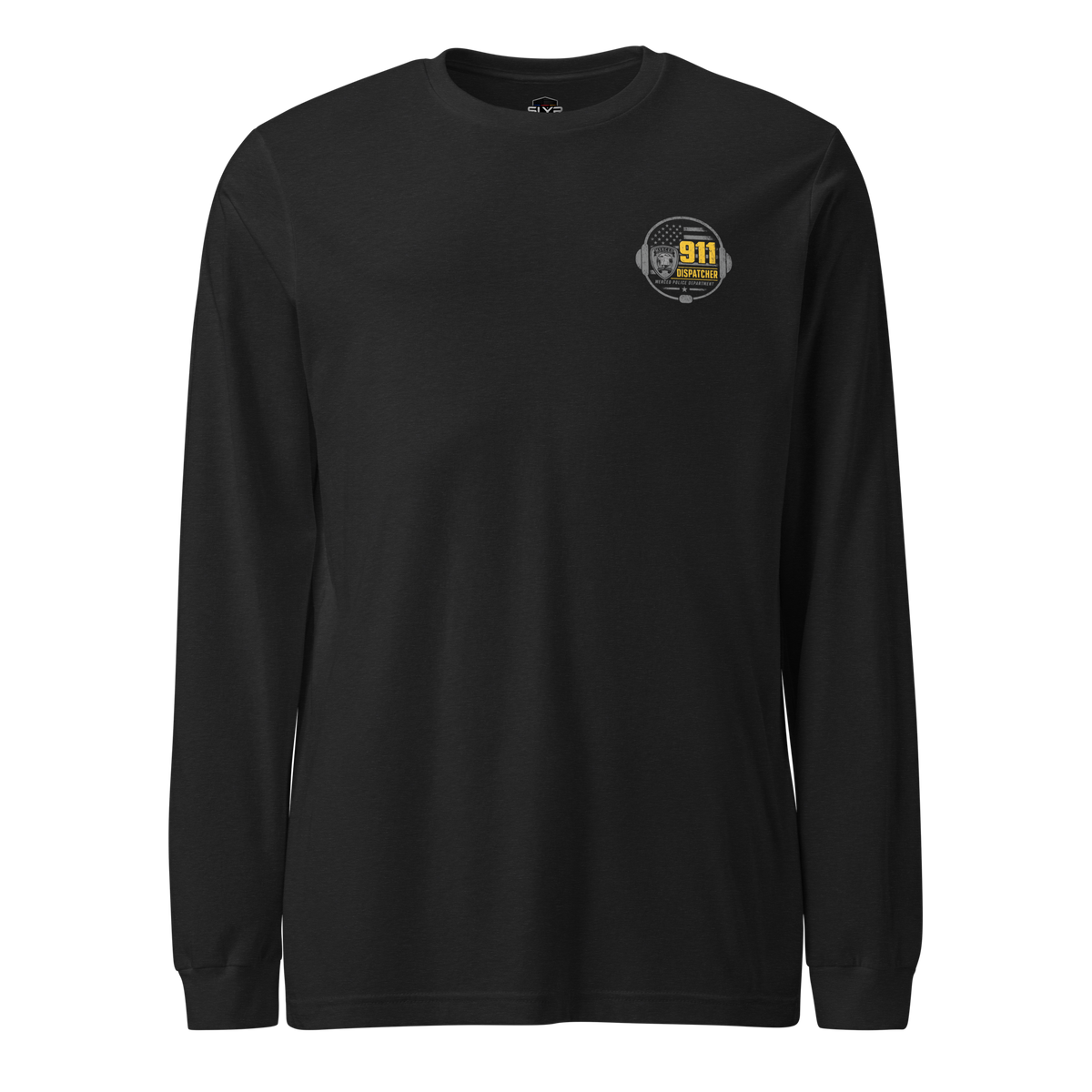 Front view of SLYR Apparel MPD Dispatcher yellow long sleeve shirt in black heather