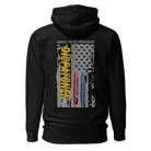 Back view of SLYR Apparel MPD Dispatcher red blue yellow pullover hoodie in black