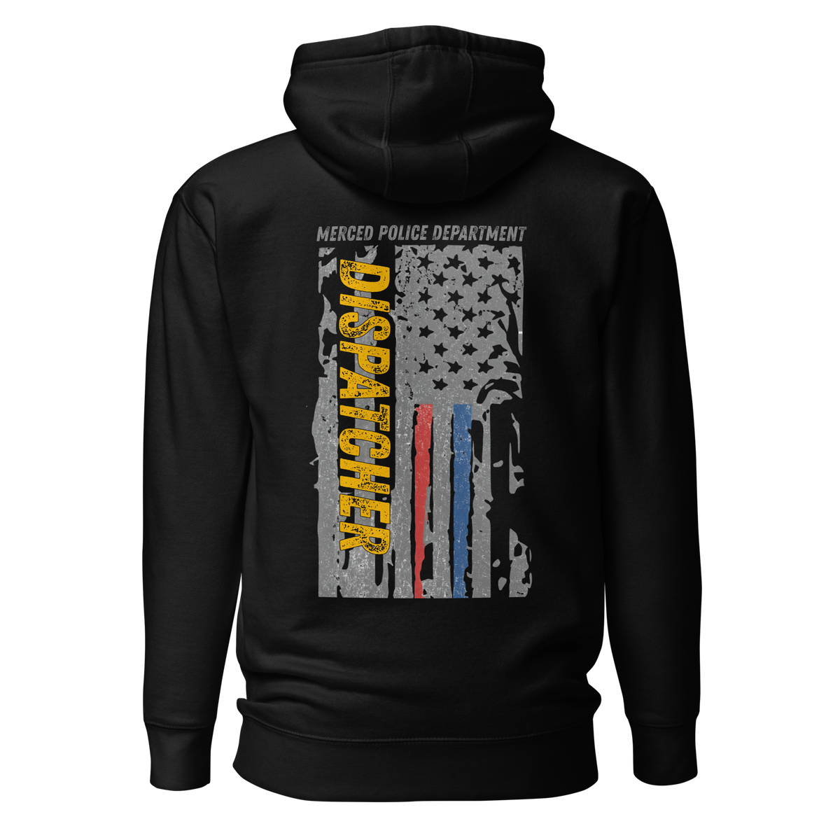 Back view of SLYR Apparel MPD Dispatcher red blue yellow pullover hoodie in black