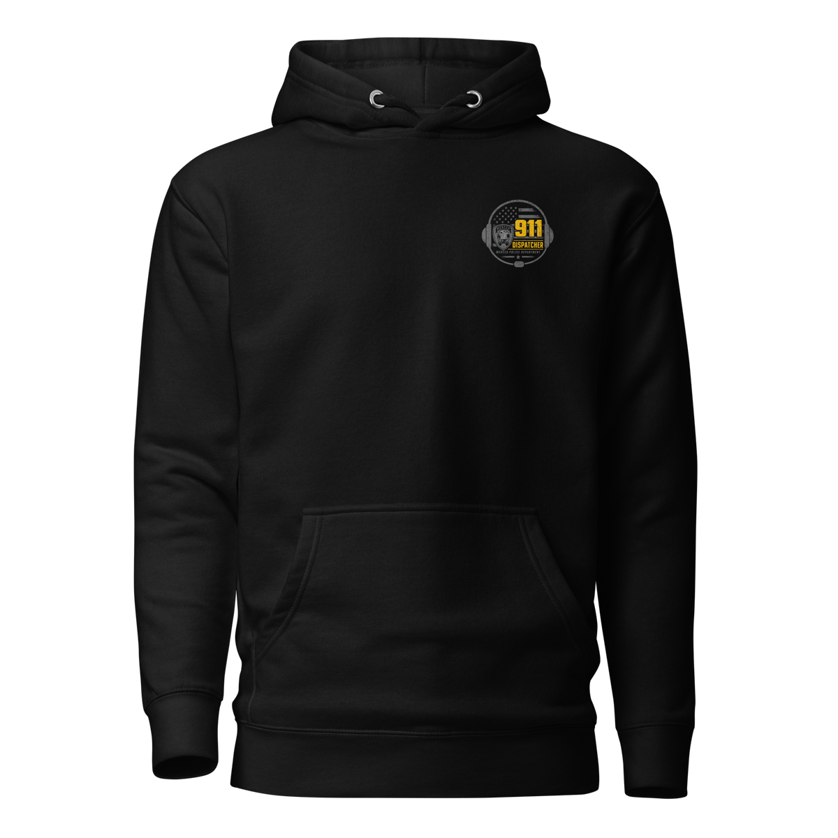 Front view of SLYR Apparel MPD Dispatcher red blue yellow pullover hoodie in black